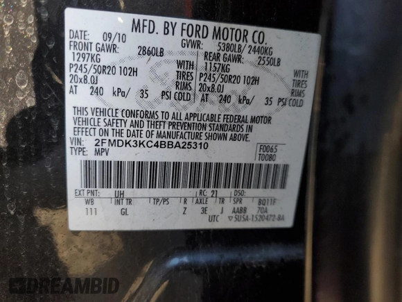 2011 Ford Edge Limited with VIN 2FMDK3KC4BBA25310, listed as a Copart auction lot 50538205 with 201,021 mi miles and Salvage Title. Bid and sale history available at carsss.com. Image 13.