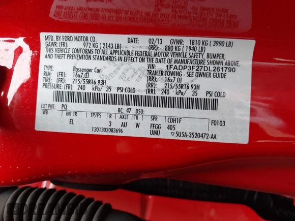 2013 Ford Focus SE with VIN 1FADP3F27DL261790, listed as a IAAI auction lot 42032822 with 80,585 mi miles. Bid and sale history available at carsss.com. Image 9.