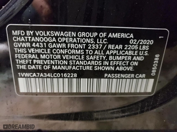 2020 Volkswagen Passat 2.0T SEL with VIN 1VWCA7A34LC016228, listed as a Copart auction lot 70367402 with 16,419 mi miles. Bid and sale history available at carsss.com. Image 12.