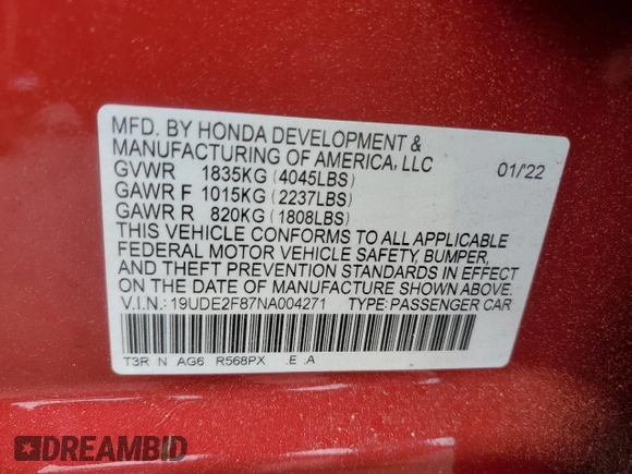 2022 Acura ILX Premium with VIN 19UDE2F87NA004271, listed as a Copart auction lot 60274525 with 33,422 mi miles and Salvage title. Bid and sale history available at DreamBid. Image 12.