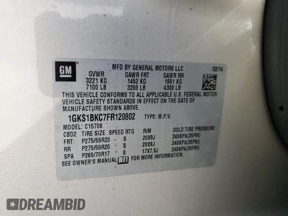 2015 GMC Yukon SLT with VIN 1GKS1BKC7FR120802, listed as a Copart auction lot 87430984 with 191,829 mi miles and Salvage Title. Bid and sale history available at carsss.com. Image 15.