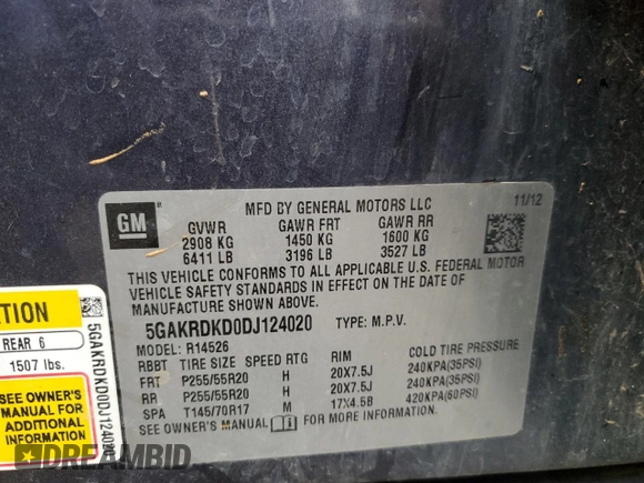 2013 Buick Enclave Premium with VIN 5GAKRDKD0DJ124020, listed as a Copart auction lot 86332644 with 150,290 mi miles and Salvage Title. Bid and sale history available at DreamBid. Image 13.