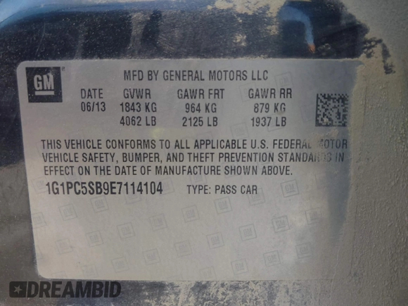 2014 Chevrolet Cruze 1LT with VIN 1G1PC5SB9E7114104, listed as a IAAI auction lot 42143300 with 161,552 mi miles and . Bid and sale history available at DreamBid. Image 9.