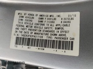 2015 Honda Accord Touring with VIN 1HGCR3F92FA017199, listed as a IAAI auction lot 41892783 with Not provided miles and . Bid and sale history available at DreamBid. Image 9.