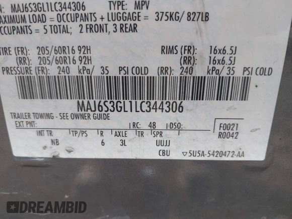 2020 Ford EcoSport SE with VIN MAJ6S3GL1LC344306, listed as a IAAI auction lot 40741310 with 78,937 mi miles and . Bid and sale history available at DreamBid. Image 9.