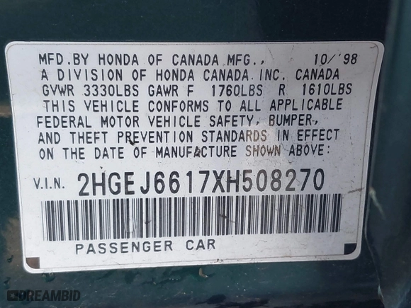 1999 Honda Civic VP with VIN 2HGEJ6617XH508270, listed as a IAAI auction lot 41319879 with 119,549 mi miles. Bid and sale history available at carsss.com. Image 9.