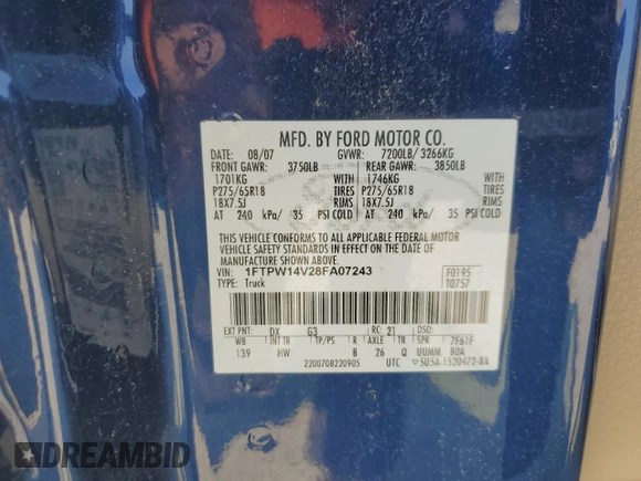 2008 Ford F-150 XLT with VIN 1FTPW14V28FA07243, listed as a Copart auction lot 61734755 with Not provided miles and Clean title. Bid and sale history available at DreamBid. Image 12.