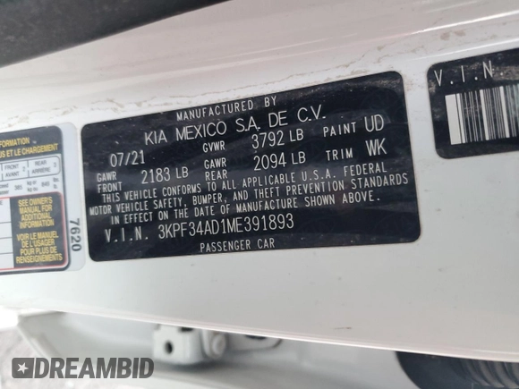 2021 Kia Forte GT-Line z VIN 3KPF34AD1ME391893, wystawiony jako Copart lot #50002295 z przebiegiem 42 990 mil mil oraz Szkoda całkowita • Salvage title. Historia ofert i sprzedaży dostępna na DreamBid. Obrazek 12.