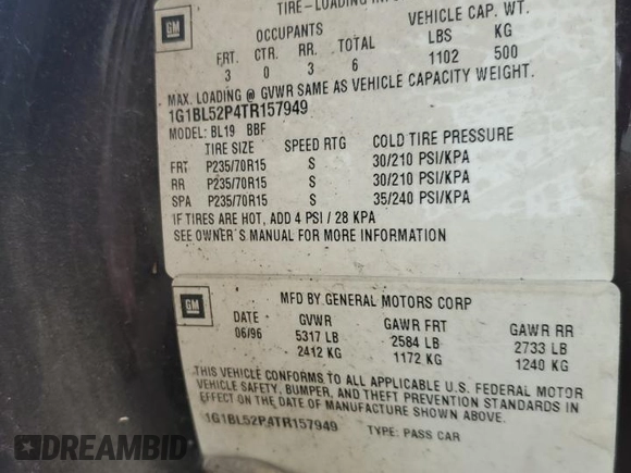 1996 Chevrolet Caprice 1SA Special Value с VIN 1G1BL52P4TR157949, выставлен на аукционе Copart как лот 51385635 с пробегом 125 366 миль миль и Чистый • Clean title. История ставок и продаж доступна на DreamBid. Изображение 12.