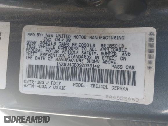 2009 Toyota Corolla with VIN 1NXBU40E39Z039148, listed as a IAAI auction lot 41830186 with 300,207 mi miles. Bid and sale history available at carsss.com. Image 9.