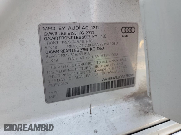 2013 Audi allroad Premium Plus with VIN WA1UFAFL8DA175355, listed as a Copart auction lot 73435224 with 0 mi miles and Salvage Title. Bid and sale history available at carsss.com. Image 12.