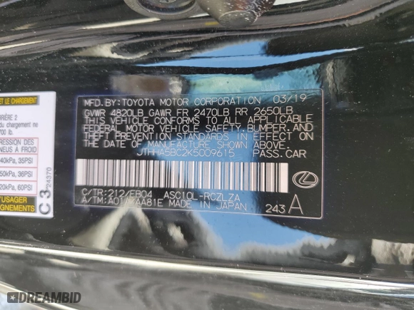 2019 Lexus RC with VIN JTHHA5BC2K5009615, listed as a Copart auction lot 64201584 with 0 mi miles and Non Repairable. Bid and sale history available at carsss.com. Image 12.
