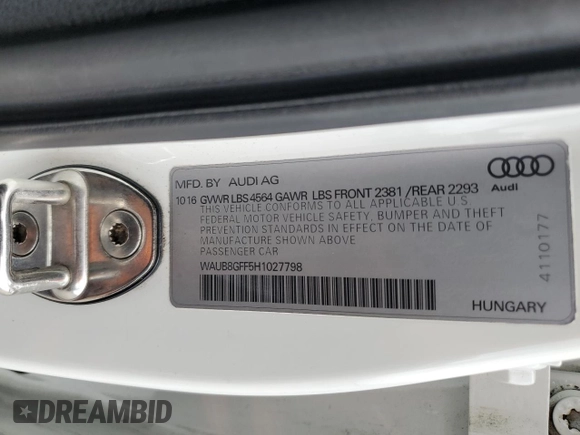 2017 Audi A3 Sedan Premium with VIN WAUB8GFF5H1027798, listed as a Copart auction lot 62002954 with 118,892 mi miles and Salvage Title. Bid and sale history available at carsss.com. Image 12.