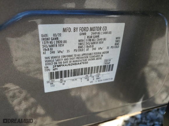 2022 Ford Edge SEL with VIN 2FMPK4J92NBA47030, listed as a Copart auction lot 47206515 with 29,231 mi miles and Salvage Title. Bid and sale history available at carsss.com. Image 16.