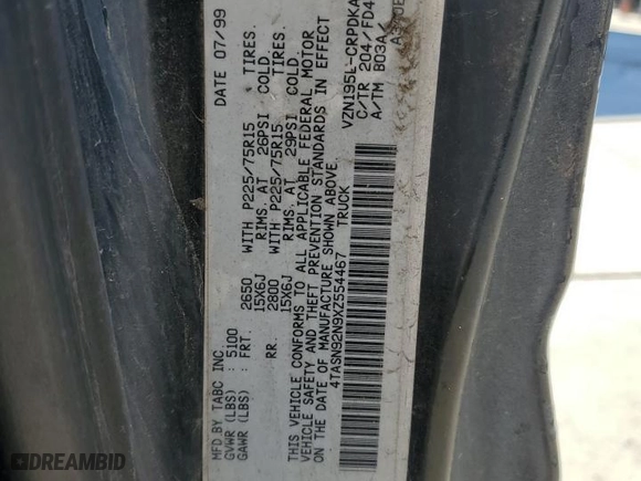 1999 Toyota Tacoma PreRunner with VIN 4TASN92N9XZ554467, listed as a Copart auction lot 88341615 with 0 mi miles and Salvage Title. Bid and sale history available at carsss.com. Image 12.