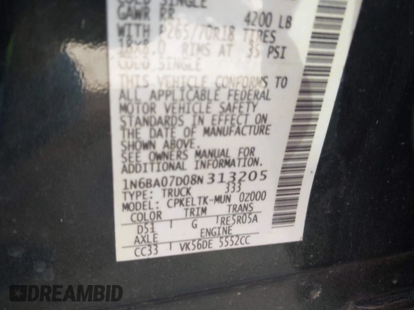 2008 Nissan Titan SE z VIN 1N6BA07D08N313205, wystawiony jako IAAI lot #42790513 z przebiegiem 154 131 mil mil oraz . Historia ofert i sprzedaży dostępna na DreamBid. Obrazek 9.