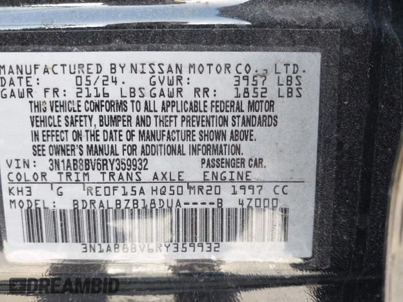 2024 Nissan Sentra S with VIN 3N1AB8BV6RY359932, listed as a IAAI auction lot 41947230 with 13,034 mi miles. Bid and sale history available at carsss.com. Image 9.