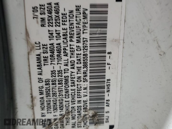 2005 Honda Odyssey Touring с VIN 5FNRL38855B129757, выставлен на аукционе Copart как лот 42546145 с пробегом 275 044 миль миль и Чистый • Clean title. История ставок и продаж доступна на DreamBid. Изображение 15.