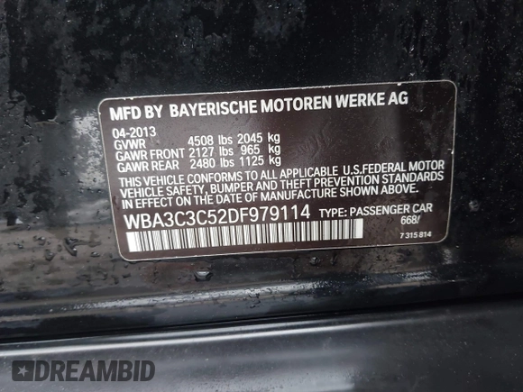 2013 BMW 3 Series 320i xDrive with VIN WBA3C3C52DF979114, listed as a IAAI auction lot 42439598 with 111,458 mi miles and . Bid and sale history available at DreamBid. Image 9.