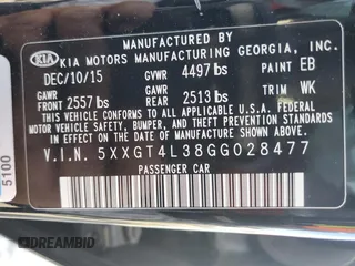 2016 Kia Optima LX with VIN 5XXGT4L38GG028477, listed as a Copart auction lot 46184195 with 80,024 mi miles and Salvage Title. Bid and sale history available at carsss.com. Image 14.