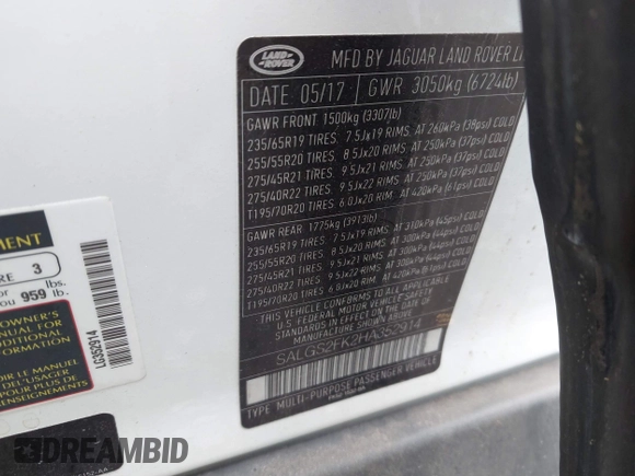 2017 Land Rover Range Rover HSE with VIN SALGS2FK2HA352914, listed as a IAAI auction lot 42344590 with 86,633 mi miles and . Bid and sale history available at DreamBid. Image 9.