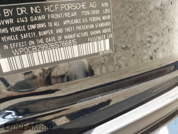 2006 Porsche 911 Carrera S with VIN WP0CB29926S766815, listed as a IAAI auction lot 42078069 with 76,580 mi miles. Bid and sale history available at carsss.com. Image 9.