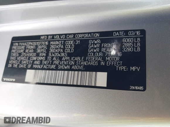 2016 Volvo XC90 T6 Momentum with VIN YV4A22PK0G1077616, listed as a IAAI auction lot 41593610 with 117,782 mi miles. Bid and sale history available at carsss.com. Image 9.