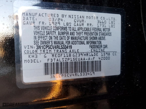 2024 Nissan Kicks SV with VIN 3N1CP5CV4RL533419, listed as a Copart auction lot 48212525 with 9,728 mi miles and Salvage Title. Bid and sale history available at carsss.com. Image 12.