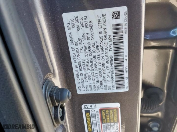 2020 Honda CR-V Touring with VIN 2HKRW2H93LH648900, listed as a Copart auction lot 45725465 with 28,525 mi miles and Salvage Title. Bid and sale history available at carsss.com. Image 14.