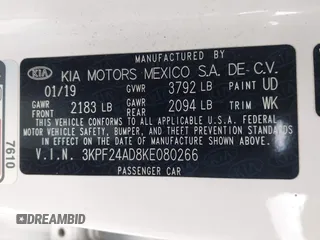 2019 Kia Forte LXS with VIN 3KPF24AD8KE080266, listed as a IAAI auction lot 41786741 with 115,799 mi miles and . Bid and sale history available at carsss.com. Image 9.