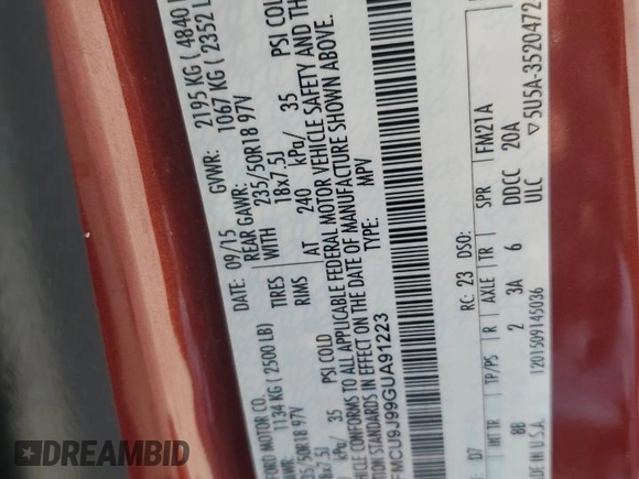 2016 Ford Escape Titanium z VIN 1FMCU9J99GUA91223, wystawiony jako Copart lot #54666545 z przebiegiem 109 684 mil mil oraz Szkoda całkowita • Salvage title. Historia ofert i sprzedaży dostępna na DreamBid. Obrazek 14.