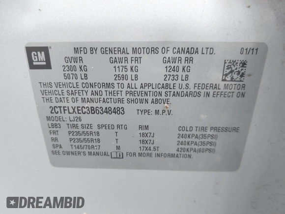 2011 GMC Terrain SLT-2 with VIN 2CTFLXEC3B6348483, listed as a IAAI auction lot 42166660 with 184,144 mi miles and . Bid and sale history available at DreamBid. Image 9.