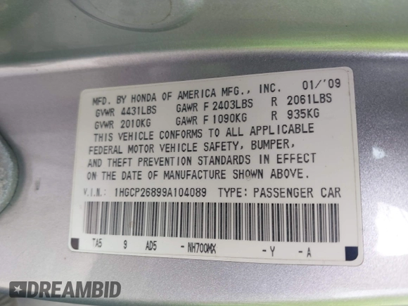 2009 Honda Accord EX-L z VIN 1HGCP26899A104089, wystawiony jako IAAI lot #41897066 z przebiegiem 197 573 mil mil oraz . Historia ofert i sprzedaży dostępna na DreamBid. Obrazek 9.