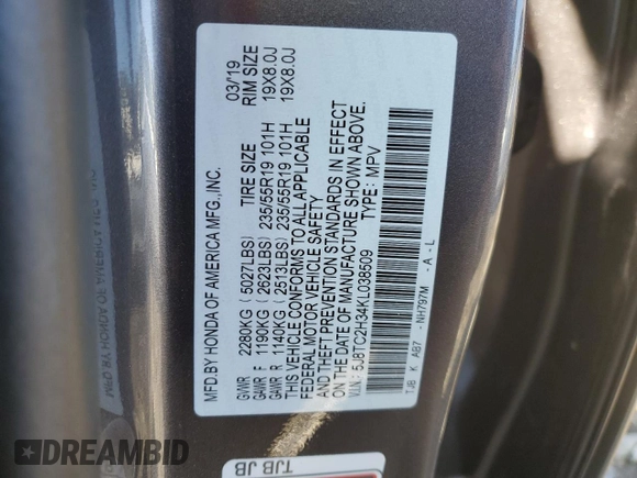 2019 Acura RDX with VIN 5J8TC2H34KL038509, listed as a Copart auction lot 49623315 with 23,648 mi miles and Salvage title. Bid and sale history available at DreamBid. Image 13.