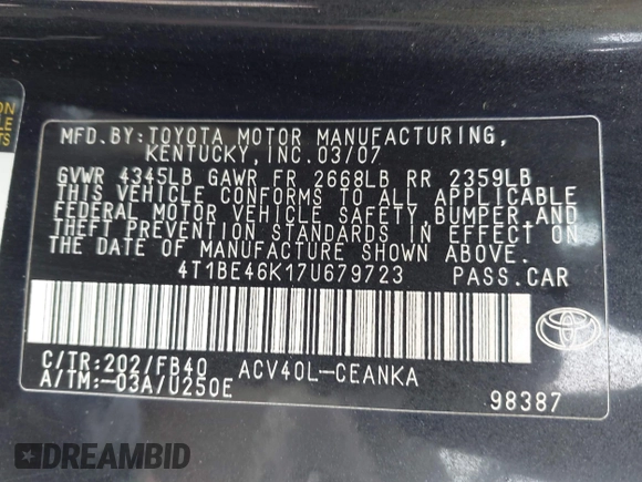 2007 Toyota Camry CE with VIN 4T1BE46K17U679723, listed as a IAAI auction lot 42183017 with 125,131 mi miles and . Bid and sale history available at DreamBid. Image 10.