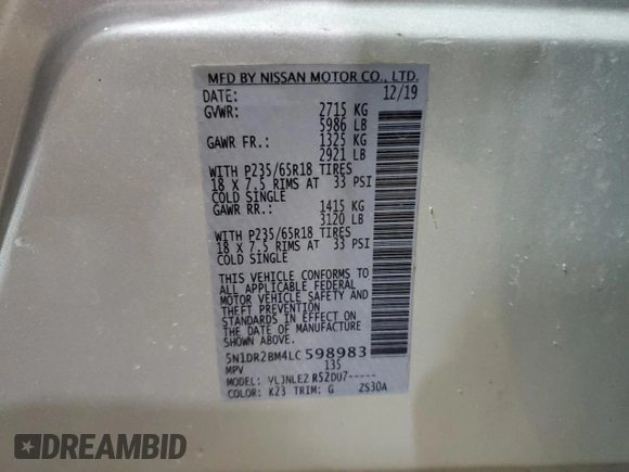 2020 Nissan Pathfinder SV with VIN 5N1DR2BM4LC598983, listed as a Copart auction lot 51227055 with 129,973 mi miles and Clean title. Bid and sale history available at DreamBid. Image 13.