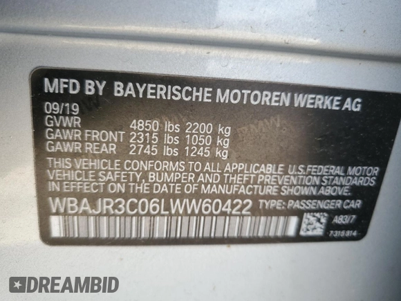 2020 BMW 5 Series 530i z VIN WBAJR3C06LWW60422, wystawiony jako Copart lot #55393945 z przebiegiem Nie podano mil oraz Tytuł czysty. Historia ofert i sprzedaży dostępna na DreamBid. Obrazek 12.