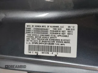 2012 Honda Odyssey Touring с VIN 5FNRL5H91CB138389, выставлен на аукционе Copart как лот 61137135 с пробегом 161 468 миль миль и Чистый • Clean title. История ставок и продаж доступна на DreamBid. Изображение 13.