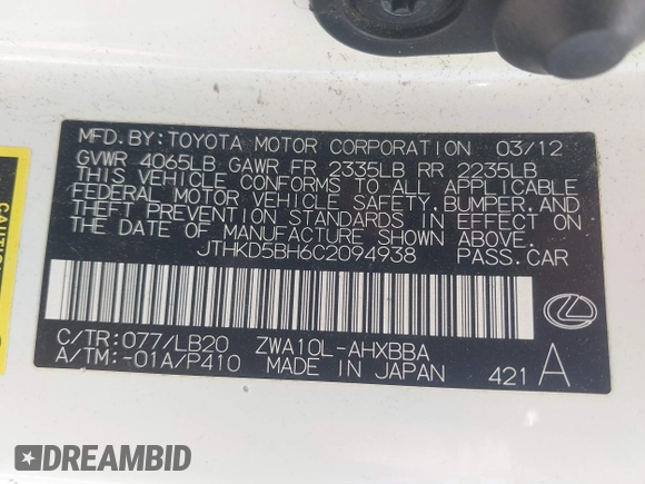 2012 Lexus CT CT 200h with VIN JTHKD5BH6C2094938, listed as a IAAI auction lot 41823429 with 164,485 mi miles and . Bid and sale history available at carsss.com. Image 9.