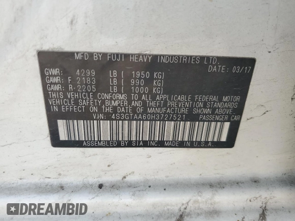 2017 Subaru Impreza z VIN 4S3GTAA60H3727521, wystawiony jako Copart lot #51573195 z przebiegiem 97 464 mil mil oraz Szkoda całkowita • Salvage title. Historia ofert i sprzedaży dostępna na DreamBid. Obrazek 14.