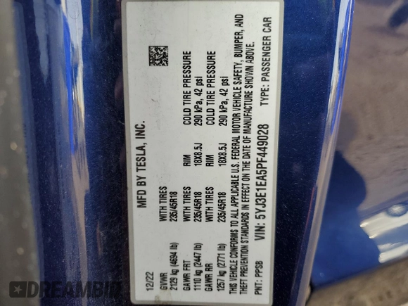 2023 Tesla Model 3 with VIN 5YJ3E1EA5PF449028, listed as a Copart auction lot 88924805 with 55,350 mi miles and Clean Title. Bid and sale history available at DreamBid. Image 12.