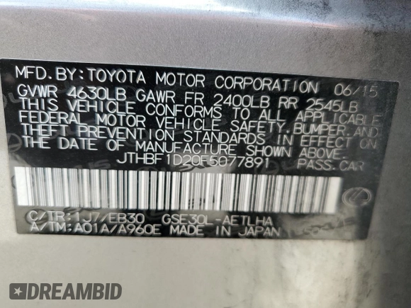 2015 Lexus IS 250 with VIN JTHBF1D20F5077891, listed as a Copart auction lot 53798835 with 126,813 mi miles and Salvage Title. Bid and sale history available at carsss.com. Image 12.