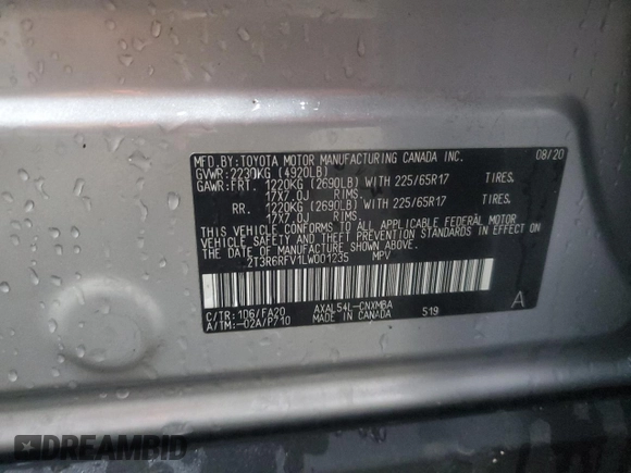 2020 Toyota RAV4 Hybrid XLE with VIN 2T3R6RFV1LW001235, listed as a Copart auction lot 56818635 with 105,234 mi miles and Salvage title. Bid and sale history available at DreamBid. Image 13.