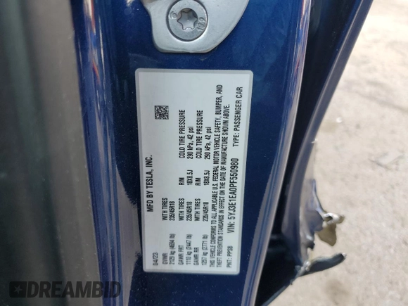 2023 Tesla Model 3 with VIN 5YJ3E1EA0PF550980, listed as a Copart auction lot 53725485 with 23,900 mi miles and Salvage Title. Bid and sale history available at carsss.com. Image 12.