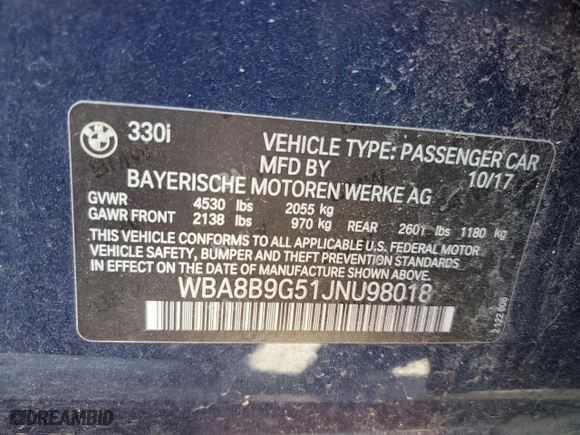 2018 BMW 3 Series 330i with VIN WBA8B9G51JNU98018, listed as a Copart auction lot 49926715 with 102,366 mi miles and Clean Title. Bid and sale history available at carsss.com. Image 13.