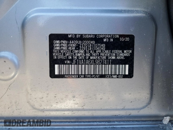 2020 Subaru WRX with VIN JF1VA1A6XL9827411, listed as a Copart auction lot 45719515 with 21,183 mi miles and Salvage Title. Bid and sale history available at DreamBid. Image 12.