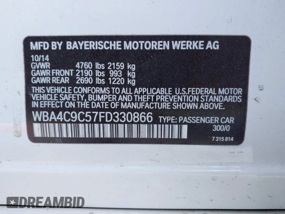 2015 BMW 4 Series 428i xDrive z VIN WBA4C9C57FD330866, wystawiony jako IAAI lot #40574326 z przebiegiem 123 726 mil mil oraz . Historia ofert i sprzedaży dostępna na DreamBid. Obrazek 9.