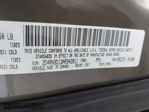 2010 Dodge Grand Caravan Hero with VIN 2D4RN3D13AR342811, listed as a IAAI auction lot 42153336 with 189,193 mi miles and . Bid and sale history available at DreamBid. Image 9.