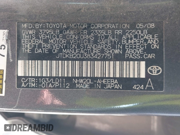 2008 Toyota Prius with VIN JTDKB20U383427751, listed as a IAAI auction lot 41864720 with 228,149 mi miles and . Bid and sale history available at carsss.com. Image 9.