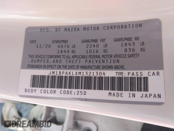 2021 Mazda 3 Select z VIN JM1BPAKLXM1321304, wystawiony jako IAAI lot #42289747 z przebiegiem Nie podano mil oraz . Historia ofert i sprzedaży dostępna na DreamBid. Obrazek 9.